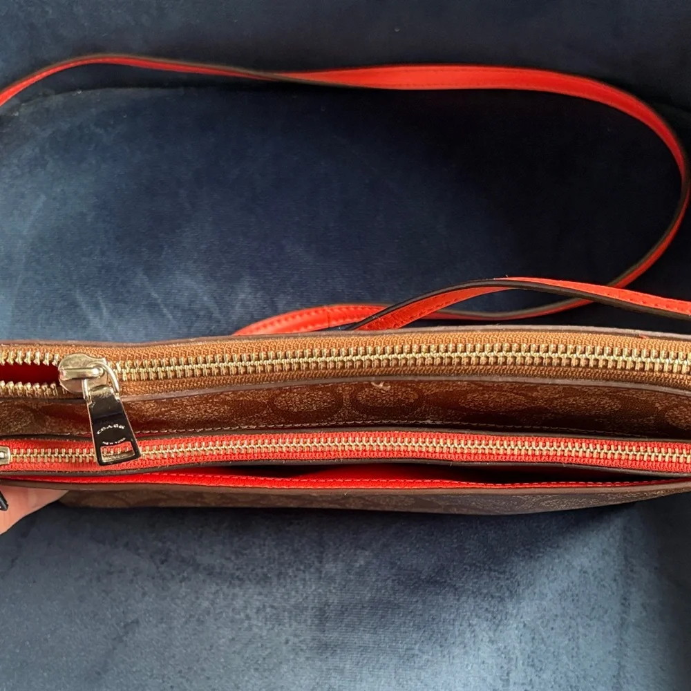 Coach Brown Logo and Coral Crossbody Bag with Removable Pouch and Zipper Top